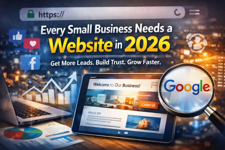 Small business website displayed on laptop and tablet showing growth charts and Google search magnifying glass